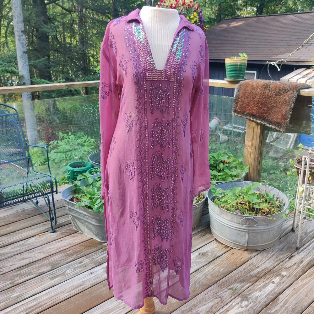 Purple Gauze Kaftan M Embroidered Sequins Sheer Lightweight Tokyo Denim Hippie